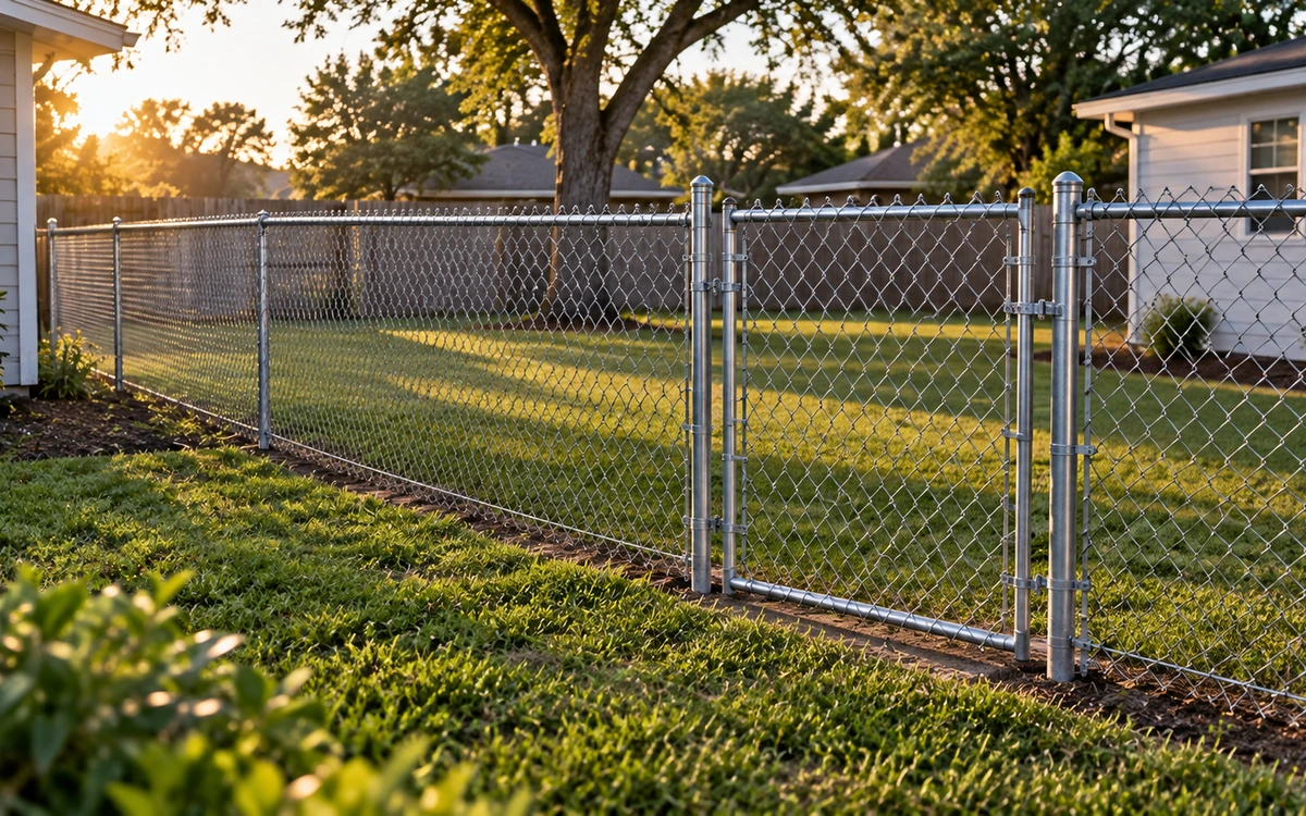 The same backyard with a finished stained cedar privacy fence and a top cap rail running the property line, no people