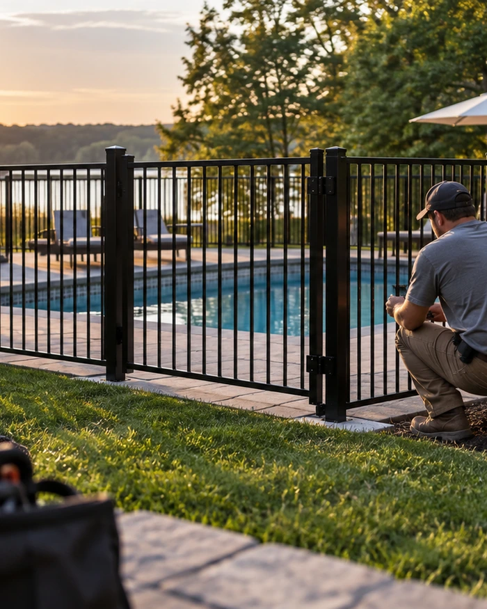 A black chain link fence along a side yard with a walk gate